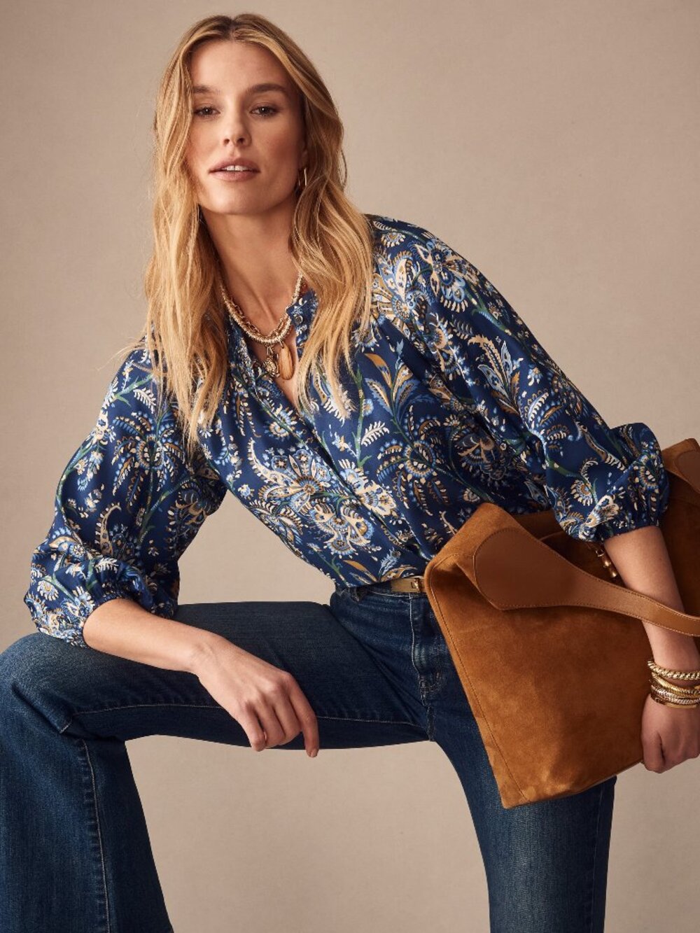 J McLaughlin Constance Silk Blend Blouse in Maxi Heirloom Paisl - Navy/Multi NEW
